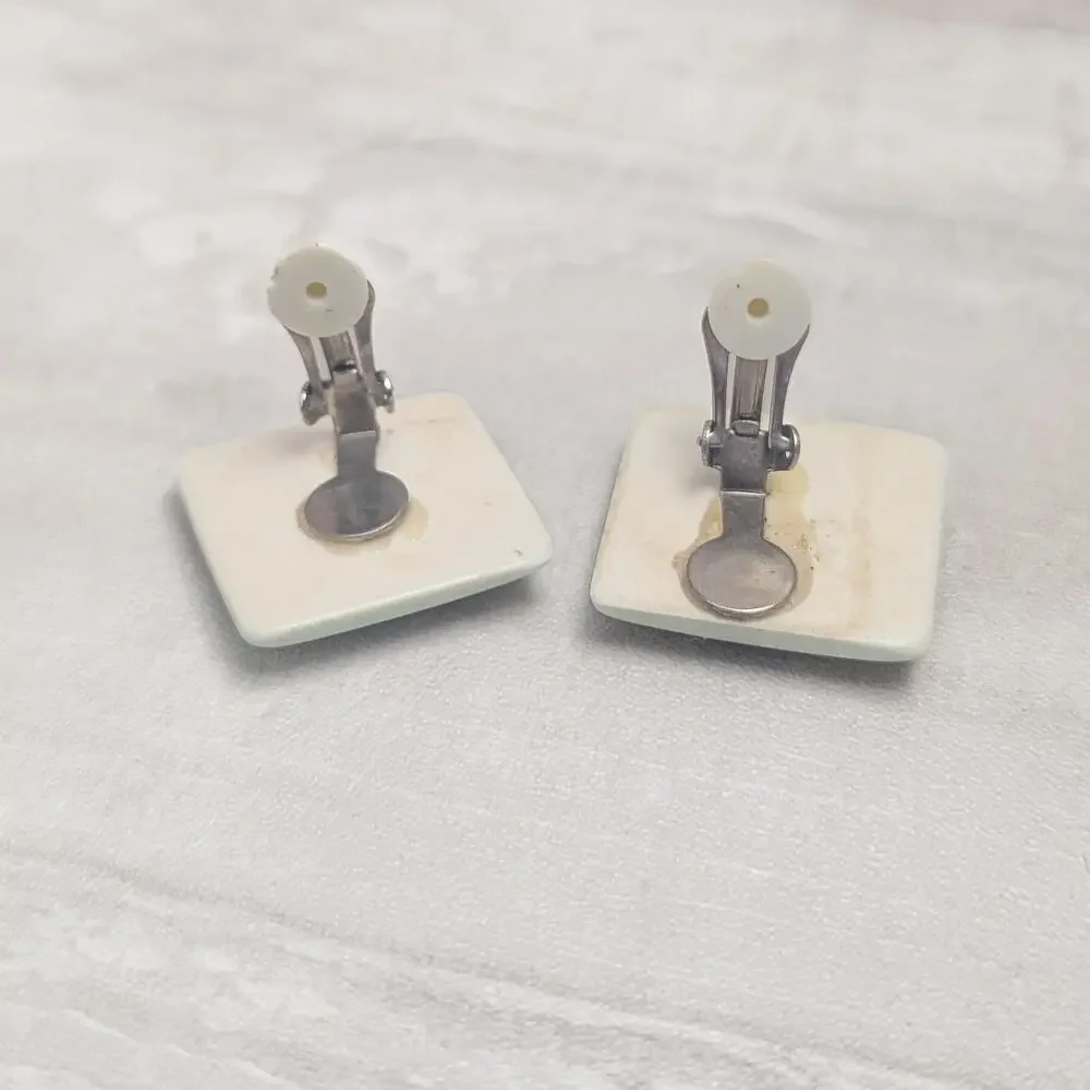 Vintage Clip On Earrings Light Pastel Green Large Retro Square Shape